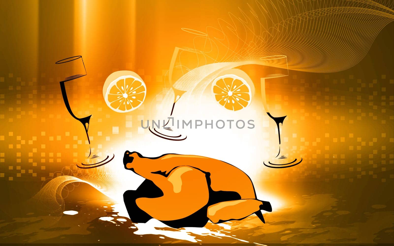 Illustration of chicken and wine glasses