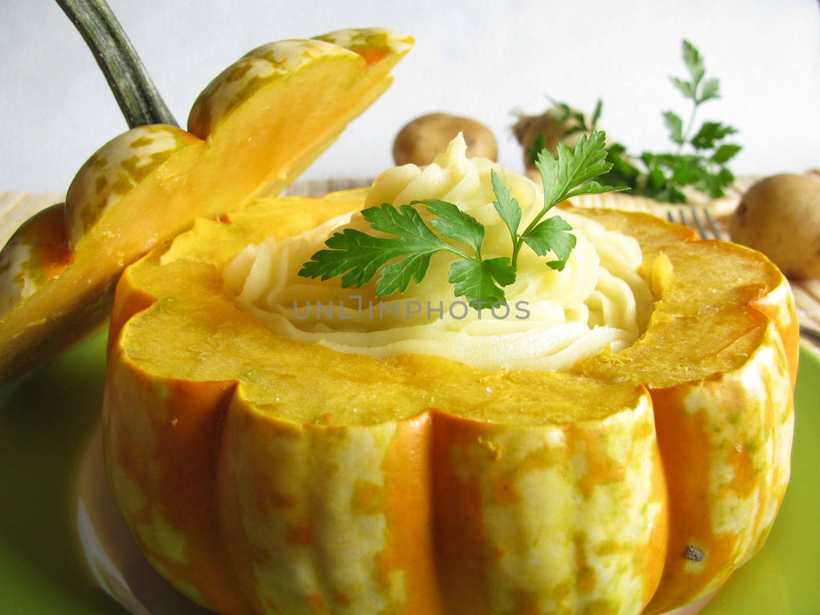 Pumpkin stuffed with pureed vegetables