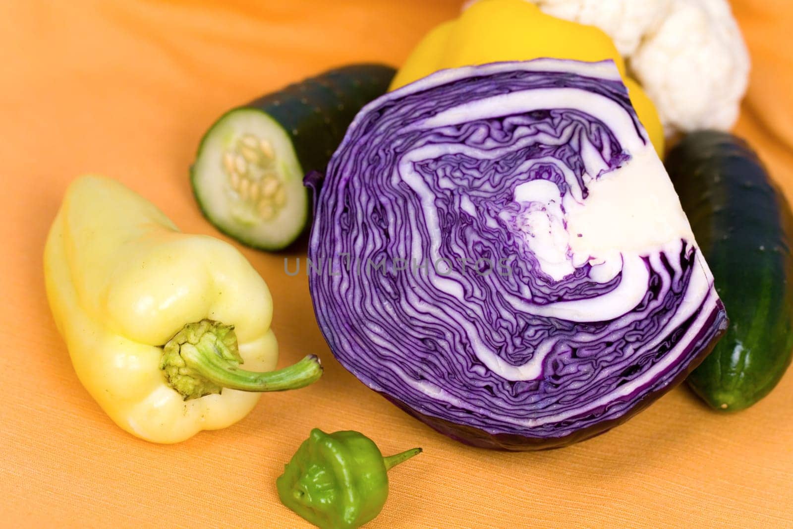 Vegetables with red cabbage,bell pepper,cucumber