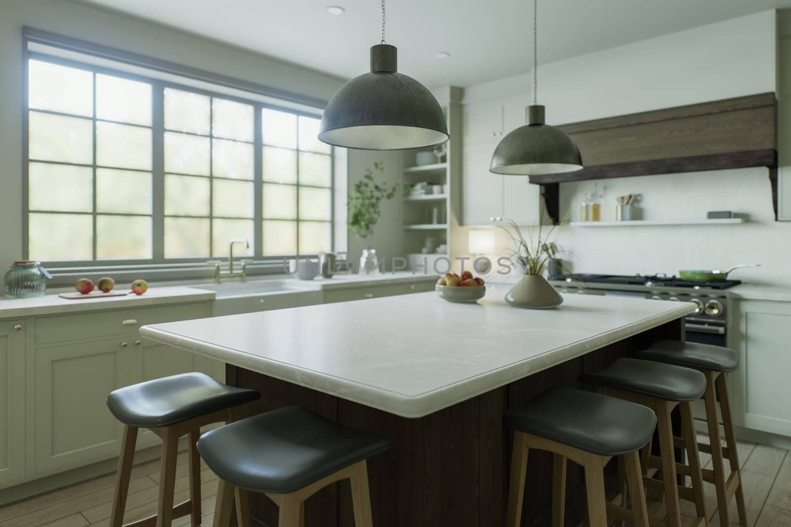 Kitchen with a large island, bar stools, metal lamps - in a traditional style. Kitchen interior with a large window and kitchen utensils. 3D rendering