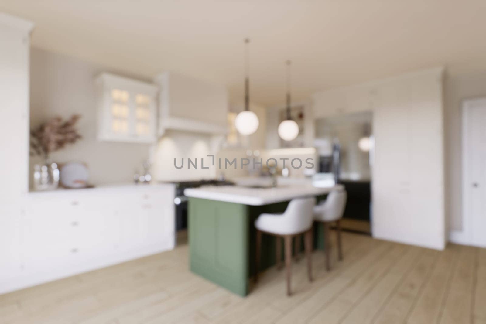 The kitchen is out of focus, with blurry bokeh. Bright kitchen in warm colors with a green island. Kitchen interior with household appliances and utensils. 3D rendering