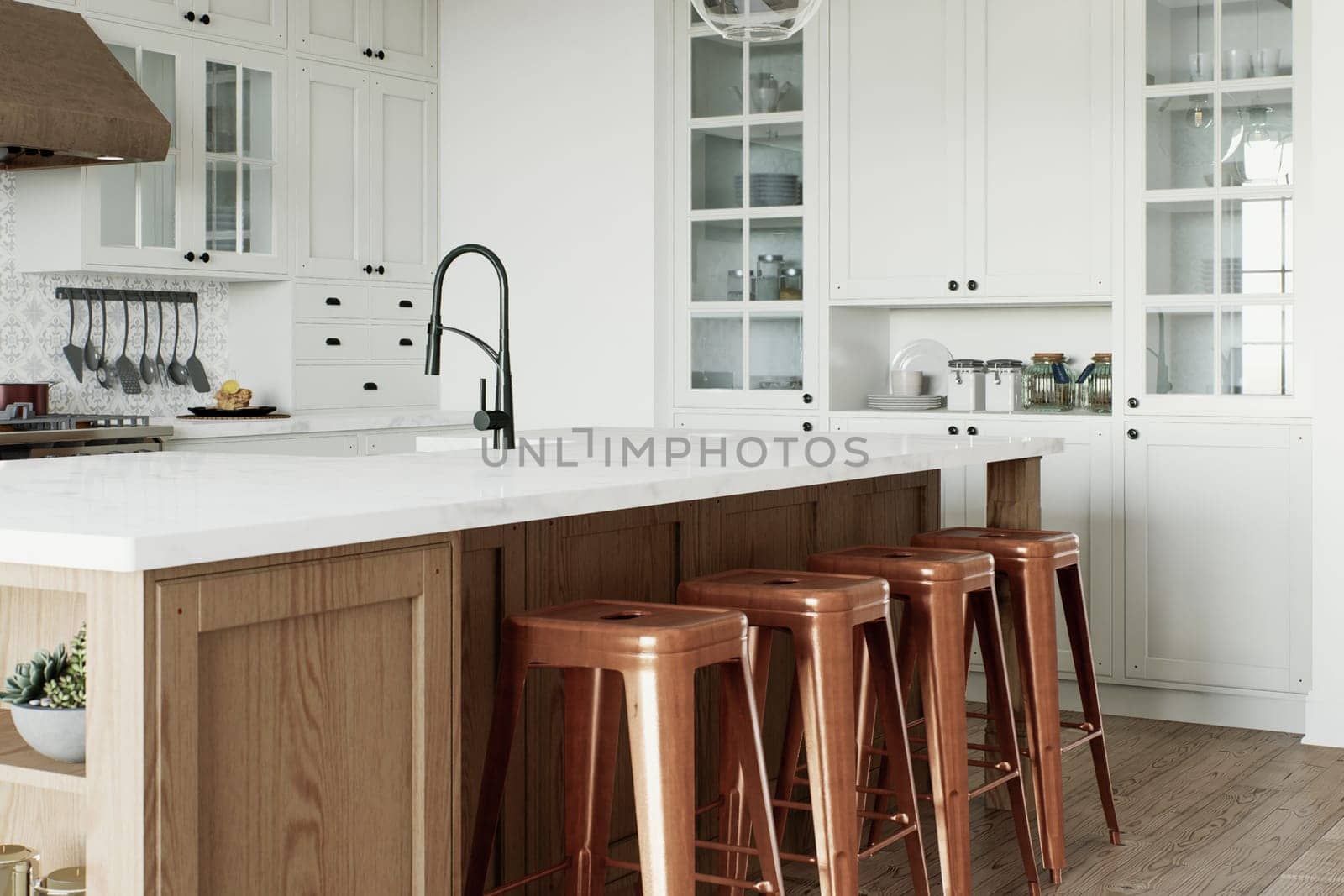 Traditional large L-shaped kitchen with large island and kitchen appliances. by N_Design