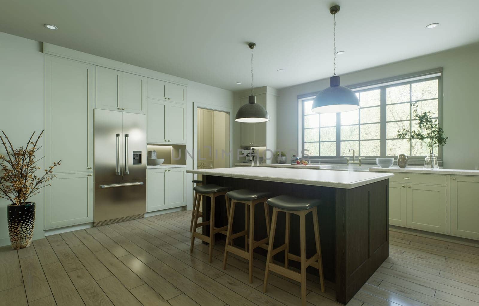 Beautiful bright kitchen in a new luxury house in a traditional style. Features a wood island, white stone countertops, cabinets and wood floors. 3D rendering