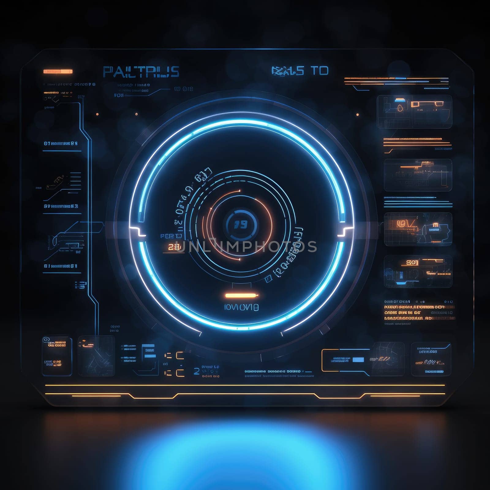 Abstract technology hud interface hologram elements neon lights, circle percent vitality innovation on hi tech future design. Generative AI by itchaznong