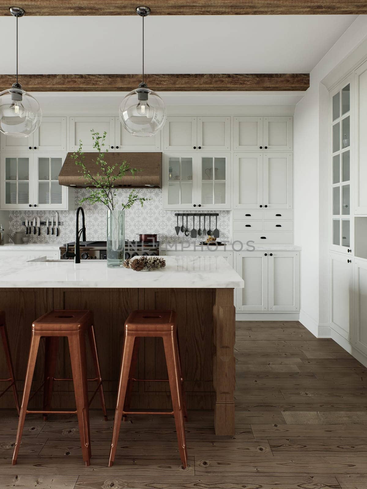 Traditional large L-shaped kitchen with large island and kitchen appliances. Kitchen interior with white cabinets and wooden island. 3D rendering