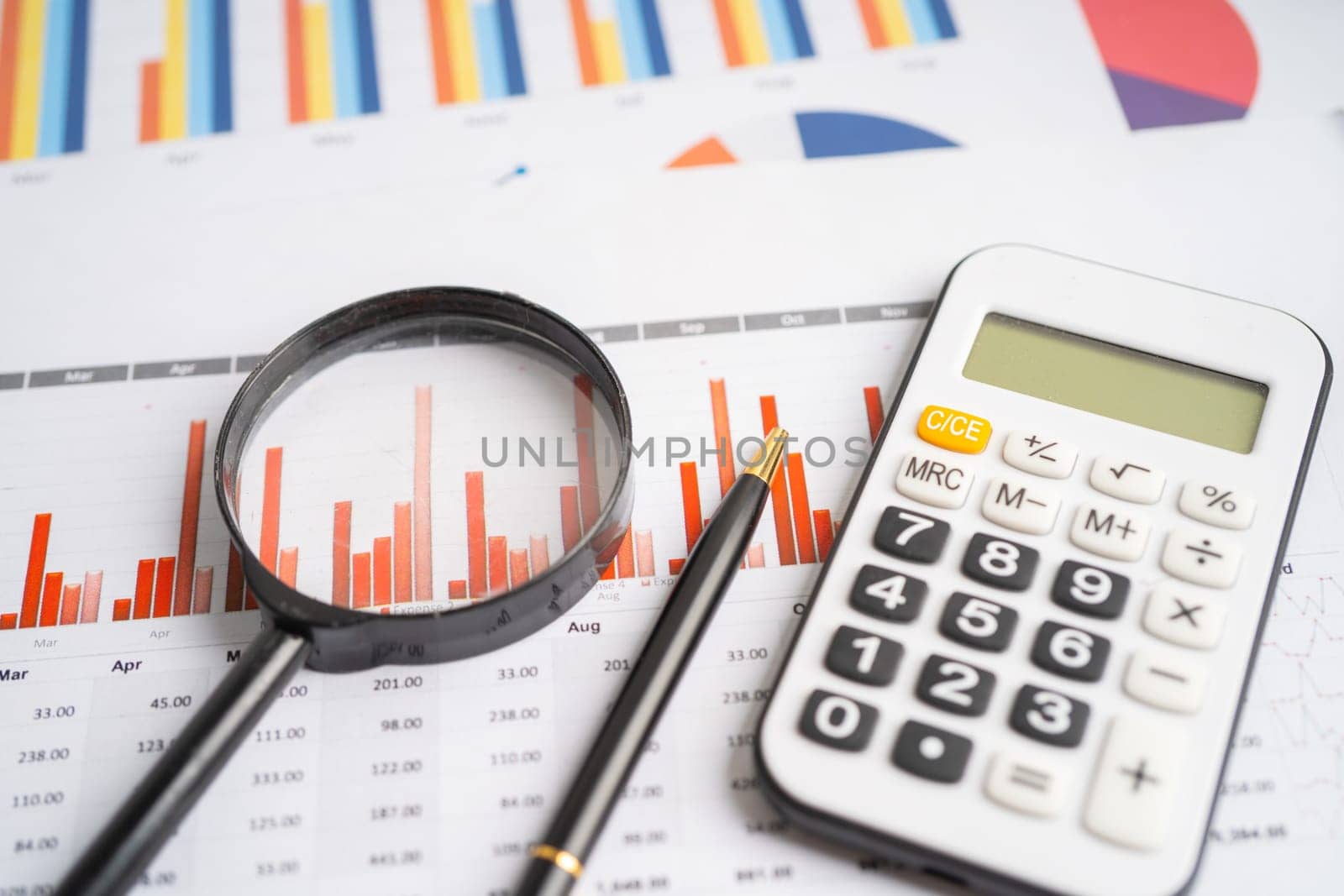 Calculator on chart graph paper. Finance, account, statistic, investment data economy, stock exchange business.