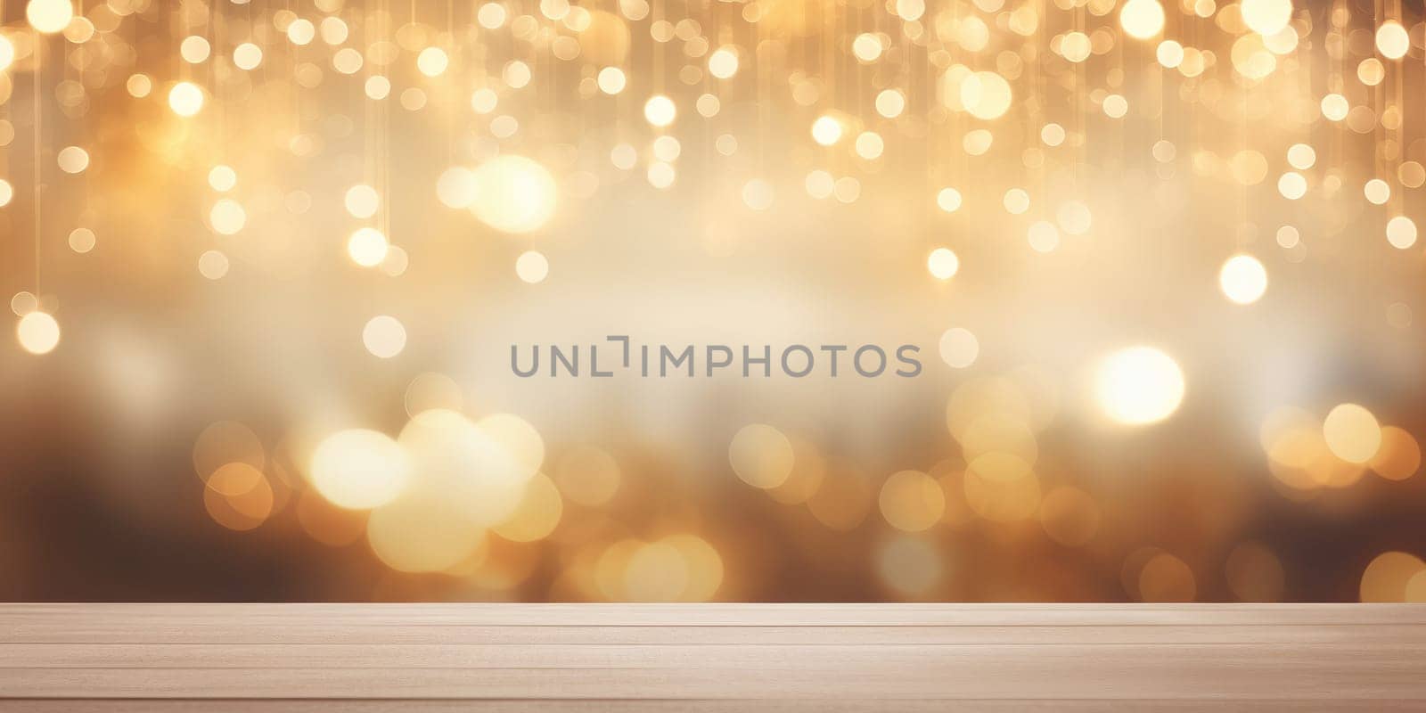 Empty wooden table top with abstract warm living room decor with christmas tree string light blur background with snow. generative ai.