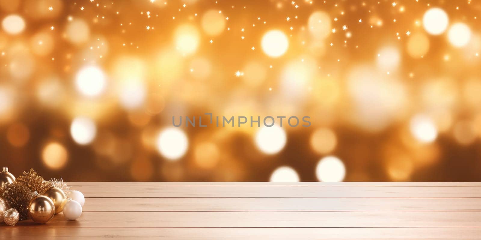 Empty wooden table top with abstract warm living room decor with christmas tree string light blur background with snow. generative ai by nateemee