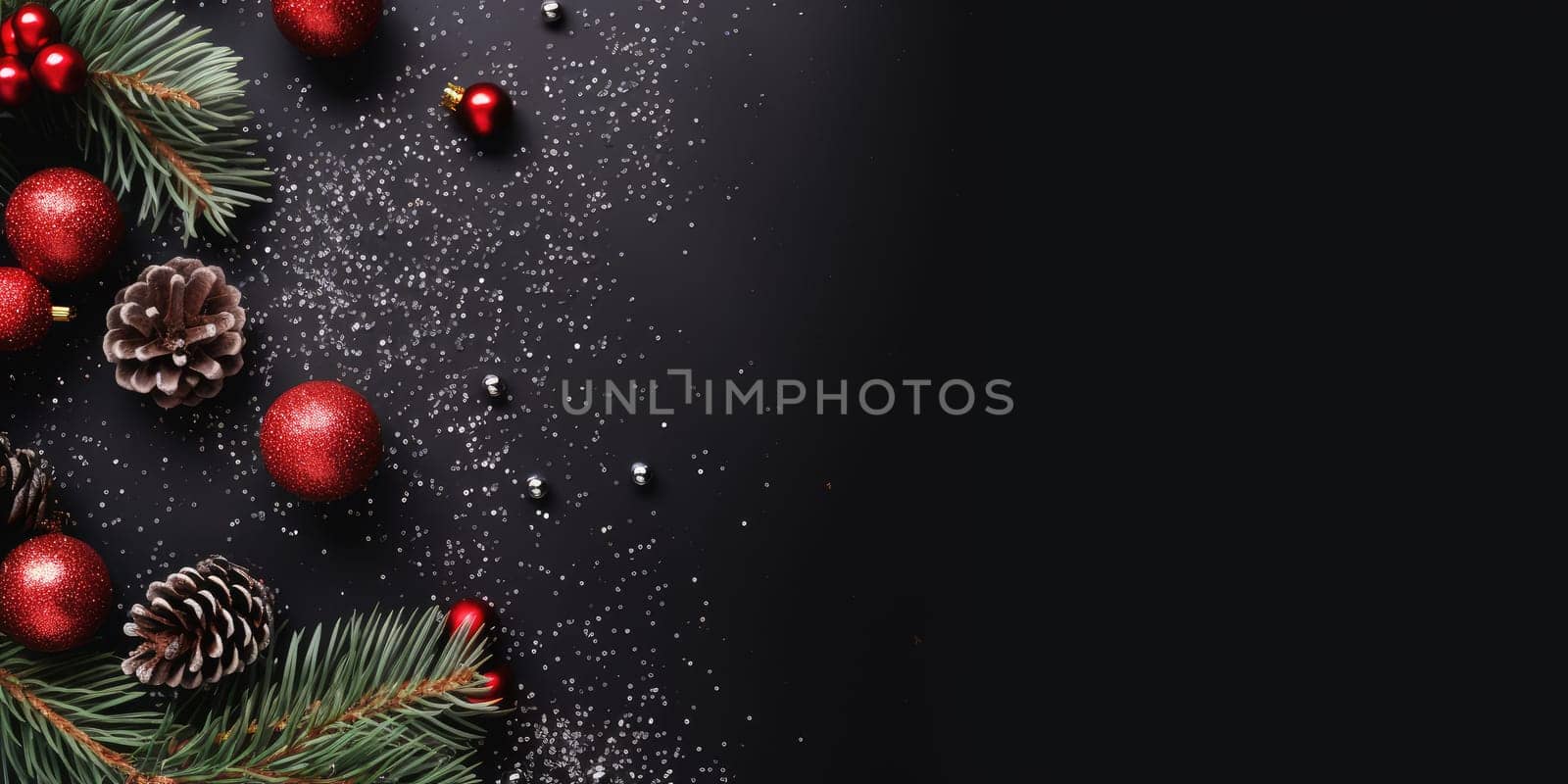 Top view of composition with Christmas decorations and copy space on green background. New Year winter banner. Generative AI by nateemee