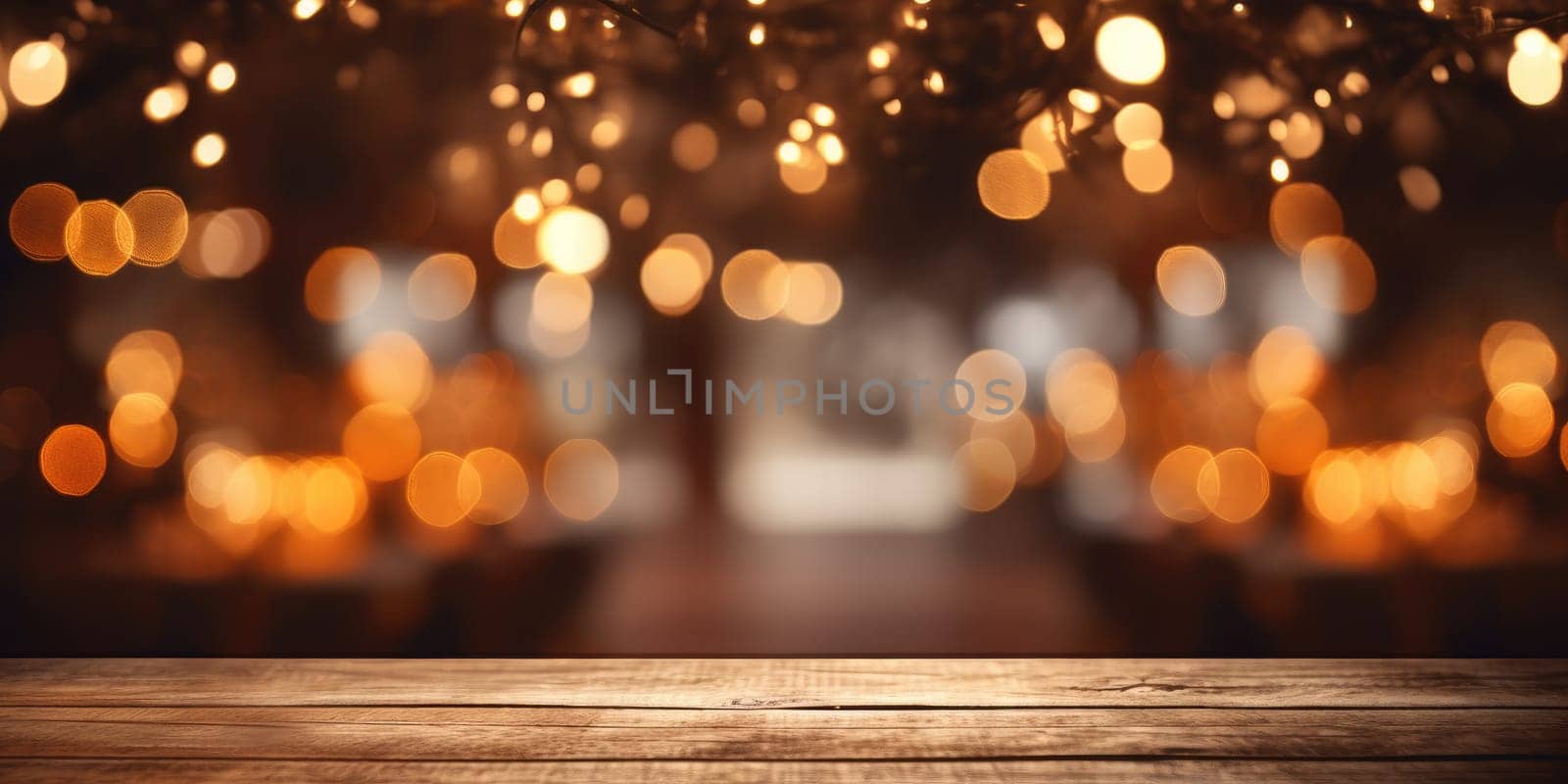 Empty wooden table top with abstract warm living room decor with christmas tree string light blur background with snow. generative ai by nateemee