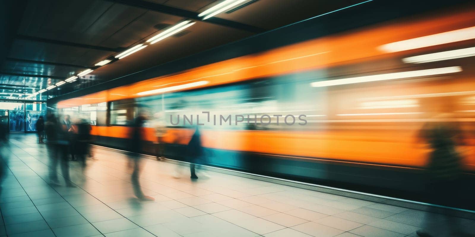 Crowded public place with people passing by, traffic flow motion blur effect. Generative AI.