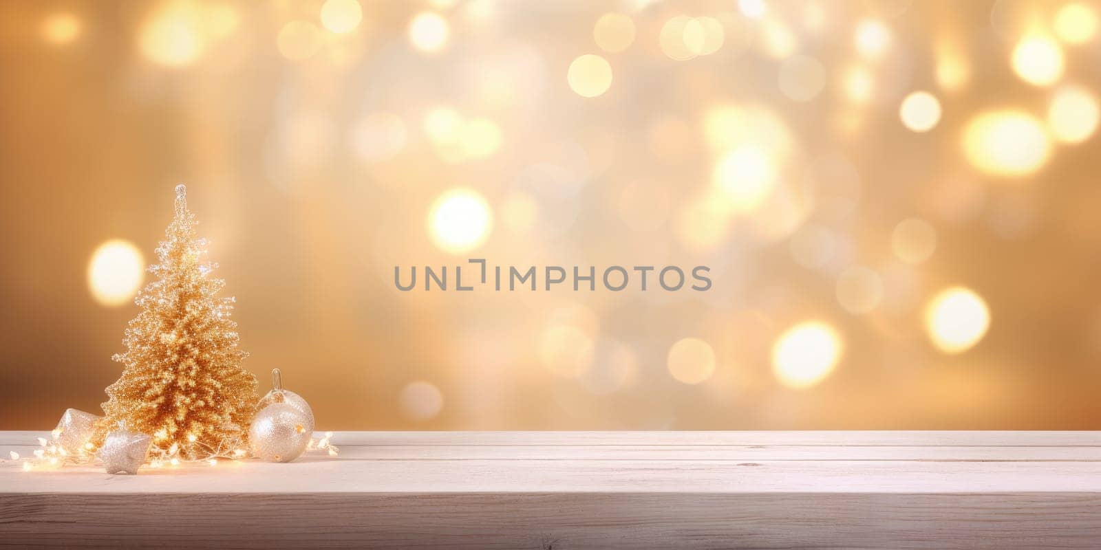 Empty wooden table top with abstract warm living room decor with christmas tree string light blur background with snow. generative ai.