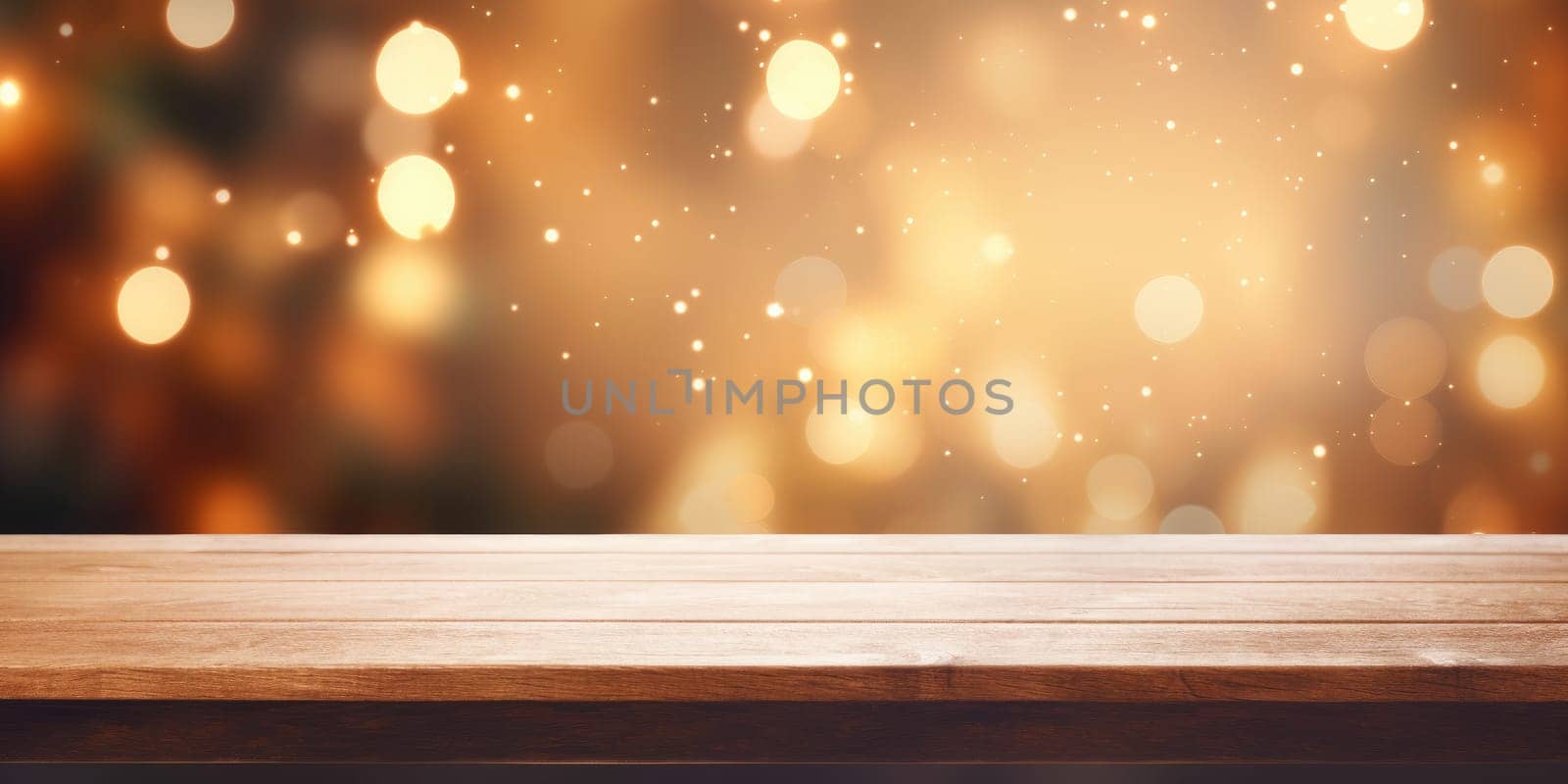 Empty wooden table top with abstract warm living room decor with christmas tree string light blur background with snow. generative ai by nateemee