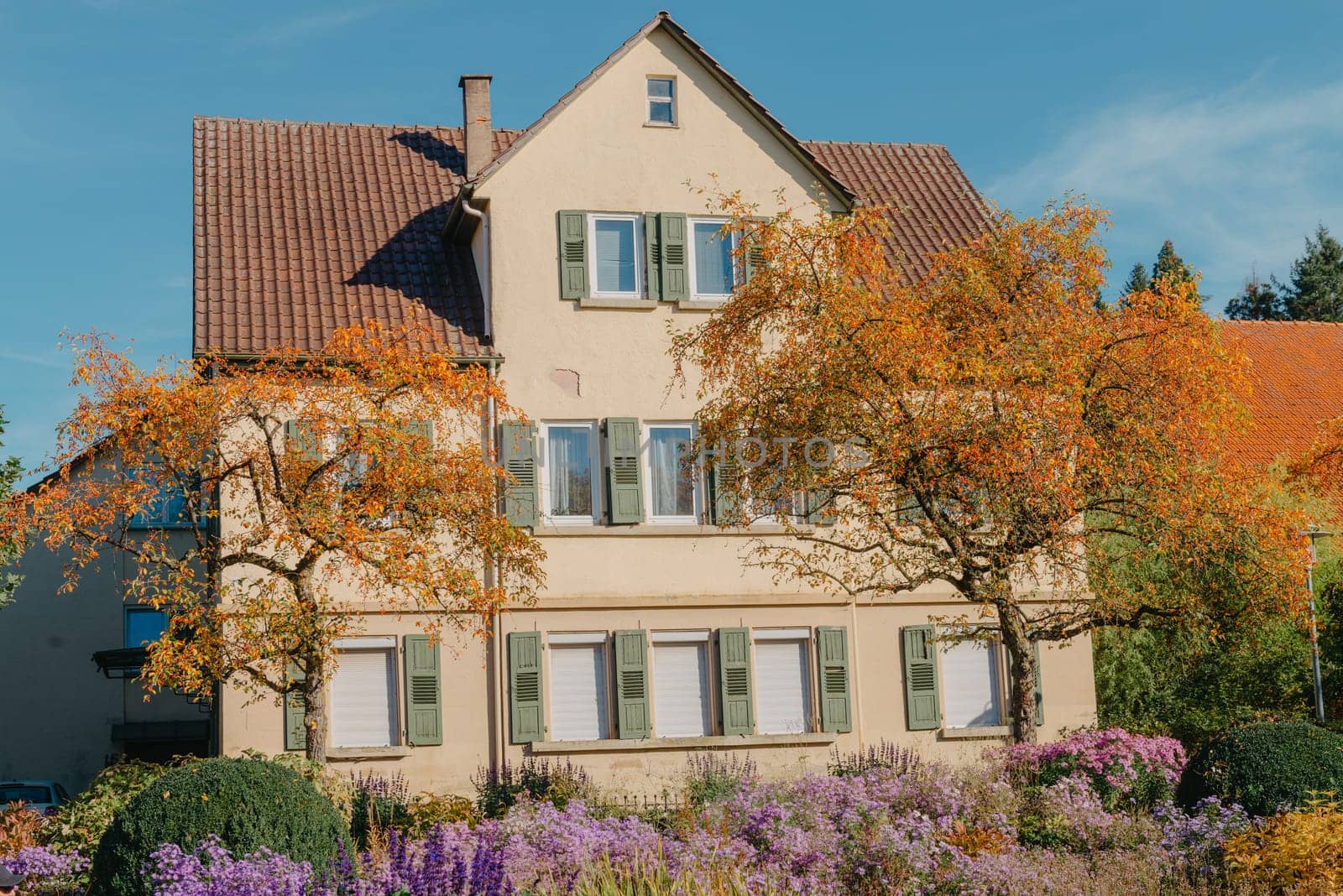 House with nice garden in fall. Flowers in the City Park of Bietigheim-Bissingen, Baden-Wuerttemberg, Germany, Europe. Autumn Park and house, nobody, bush and grenery by Andrii_Ko