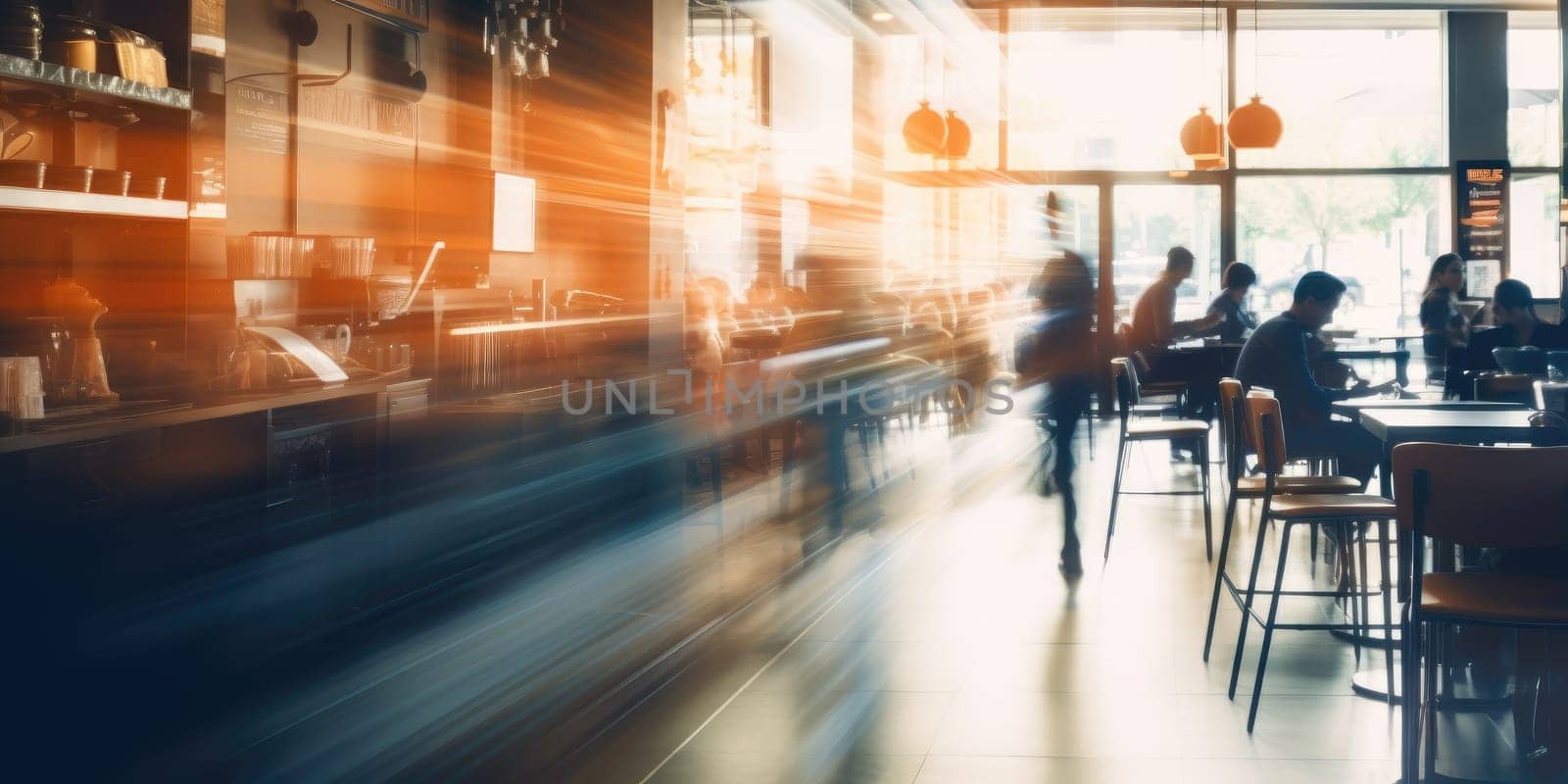 Crowded public place with people passing by, traffic flow motion blur effect. Generative AI.