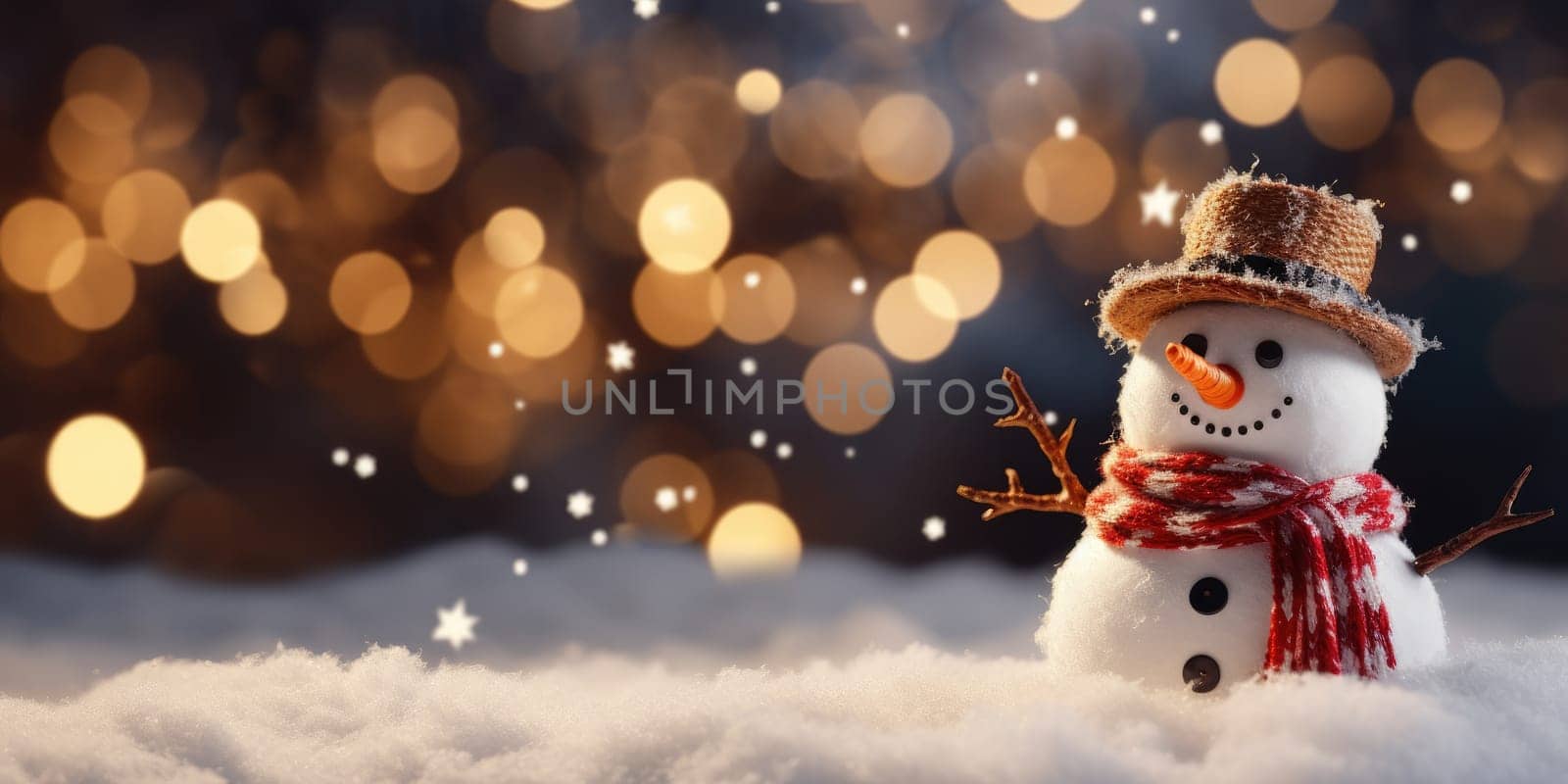 snowman portrait on snowy background with copy space. Generative AI by nateemee