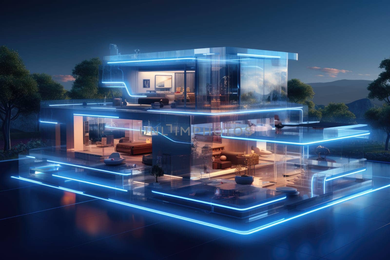 Real Estate concept. House with IoT interface on background. Generative AI.