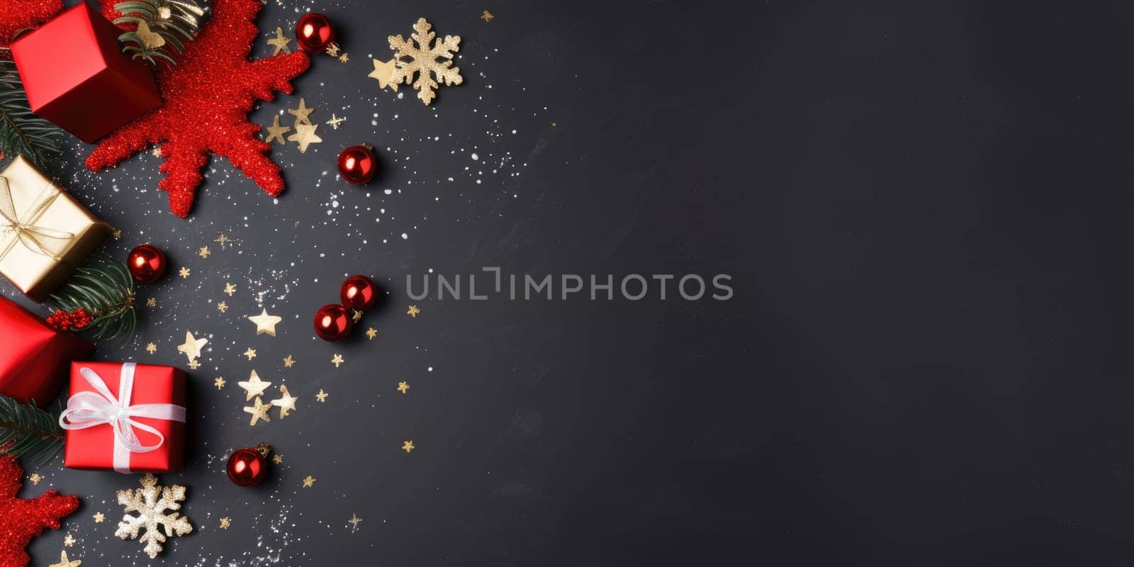 Top view of composition with Christmas decorations and copy space on green background. New Year winter banner. Generative AI.