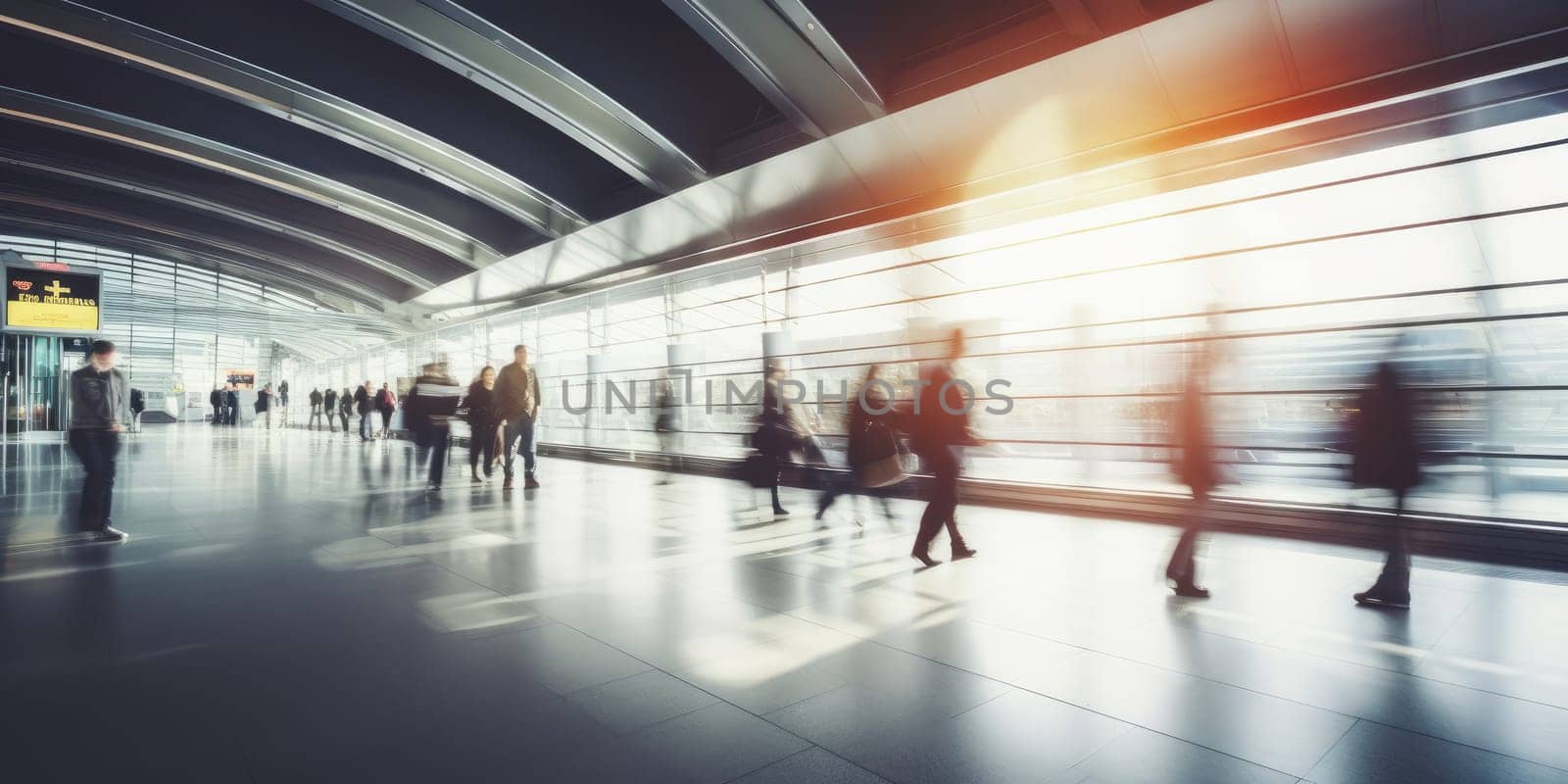 Crowded public place with people passing by, traffic flow motion blur effect. Generative AI.