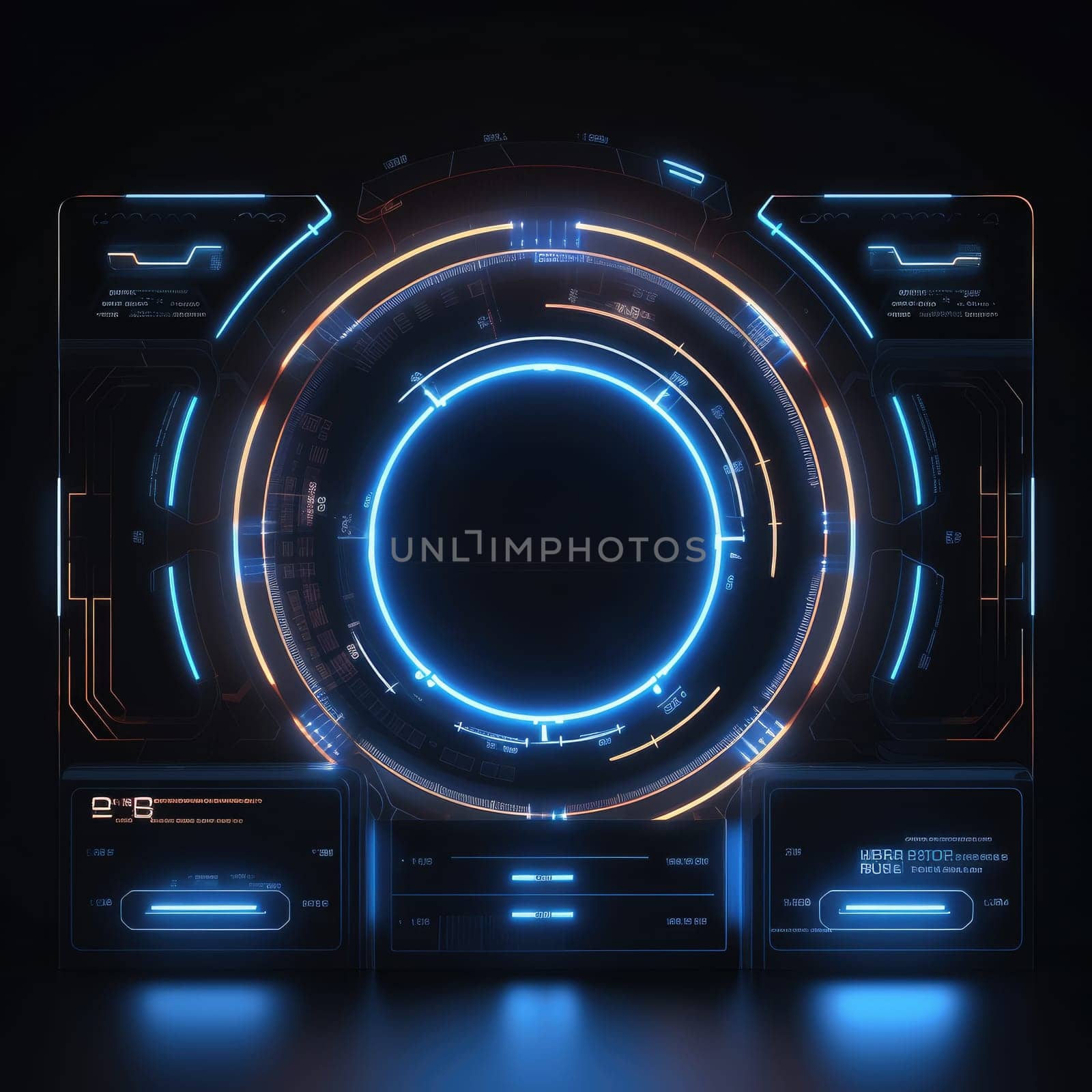 Abstract technology hud interface hologram elements neon lights, circle percent vitality innovation on hi tech future design. Generative AI by itchaznong