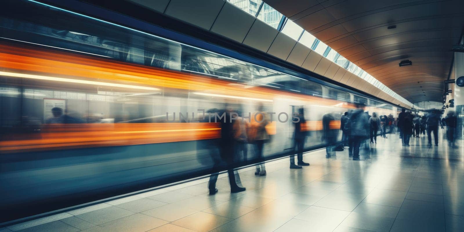 Crowded public place with people passing by, traffic flow motion blur effect. Generative AI.