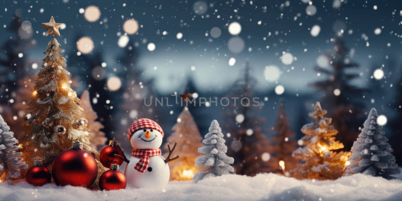snowman portrait on snowy background with copy space. Generative AI by nateemee