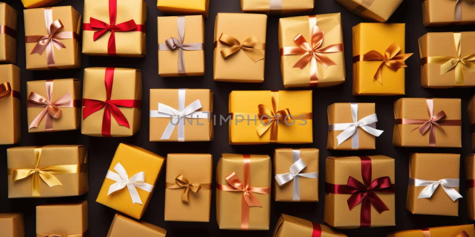 Set of gift boxes arranged on background, black friday discount and merry christmas concept. generative ai by nateemee
