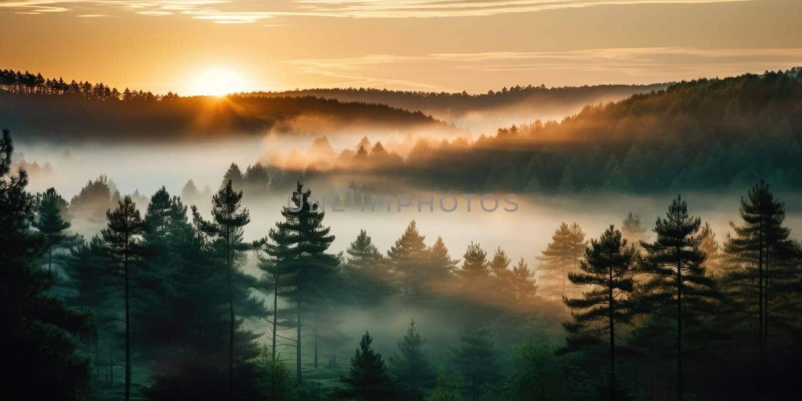 Misty landscape with fir forest. Generative AI.