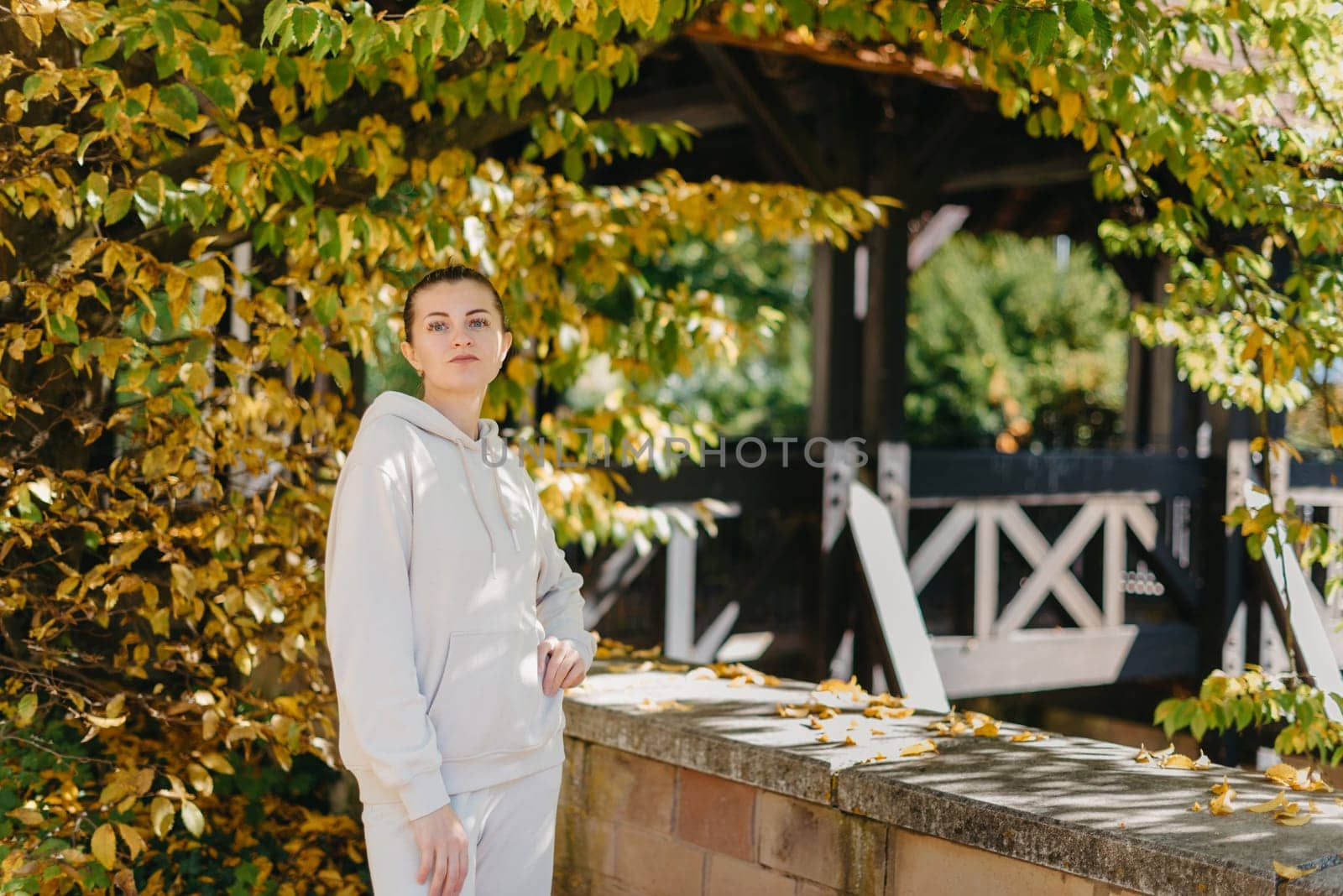 Beautiful elegant woman standing in a park in autumn. autumn yellow leaves. Portrait of joyful woman in park during fall. Happy girl with yellow leaves outdoor. Beauty Romantic Girl Outdoors enjoying nature. Beautiful autumn model with waving glow hair.Sun light on sunset.Warm toned art work. Portrait of romantic female