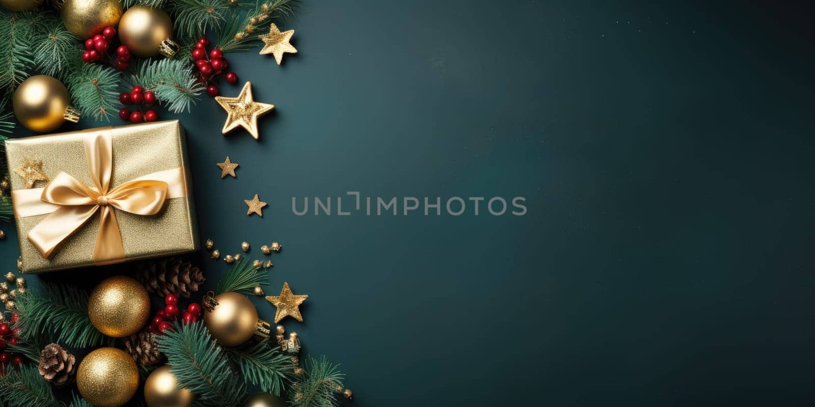 Top view of composition with Christmas decorations and copy space on green background. New Year winter banner. Generative AI by nateemee