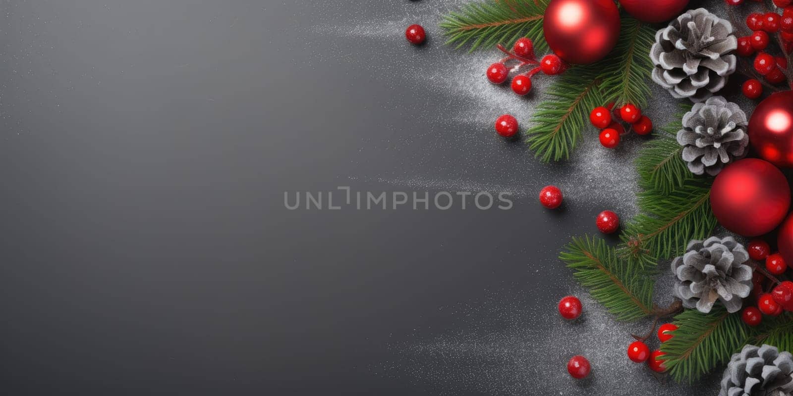 Top view of composition with Christmas decorations and copy space on green background. New Year winter banner. Generative AI.