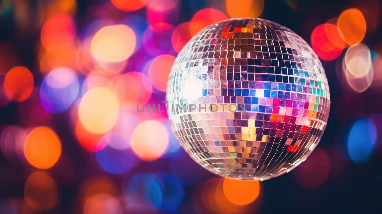 Colorful disco mirror ball lights night club background. Party lights disco ball. AI