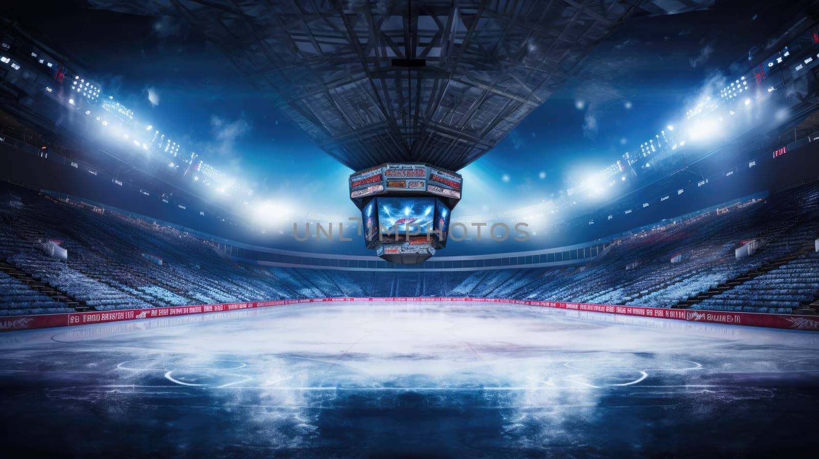 Hockey ice rink sport arena empty field. Empty hockey stadium in the spotlight. Sport AI