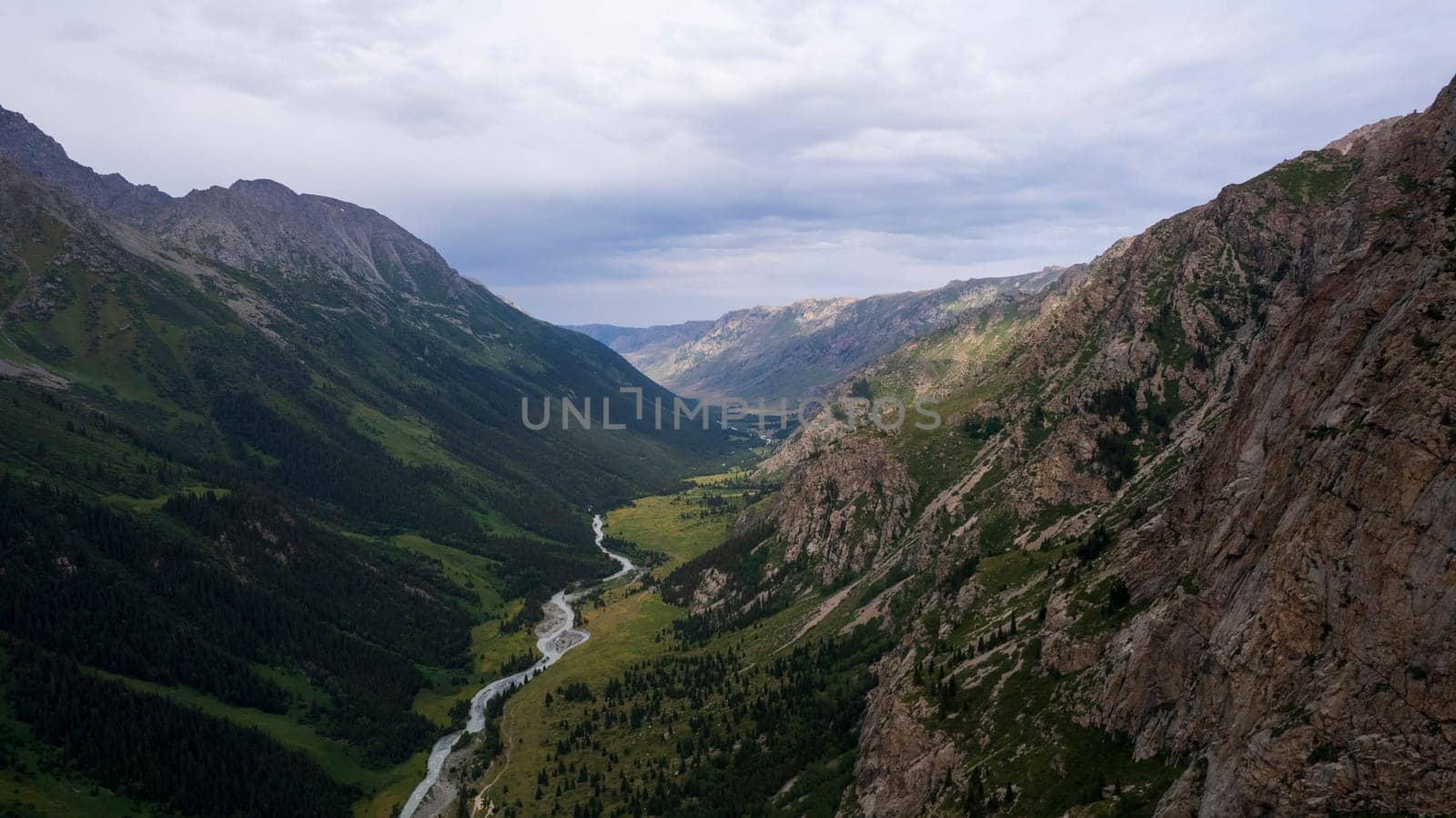 Drone view of a green gorge with high rocky cliffs by Passcal