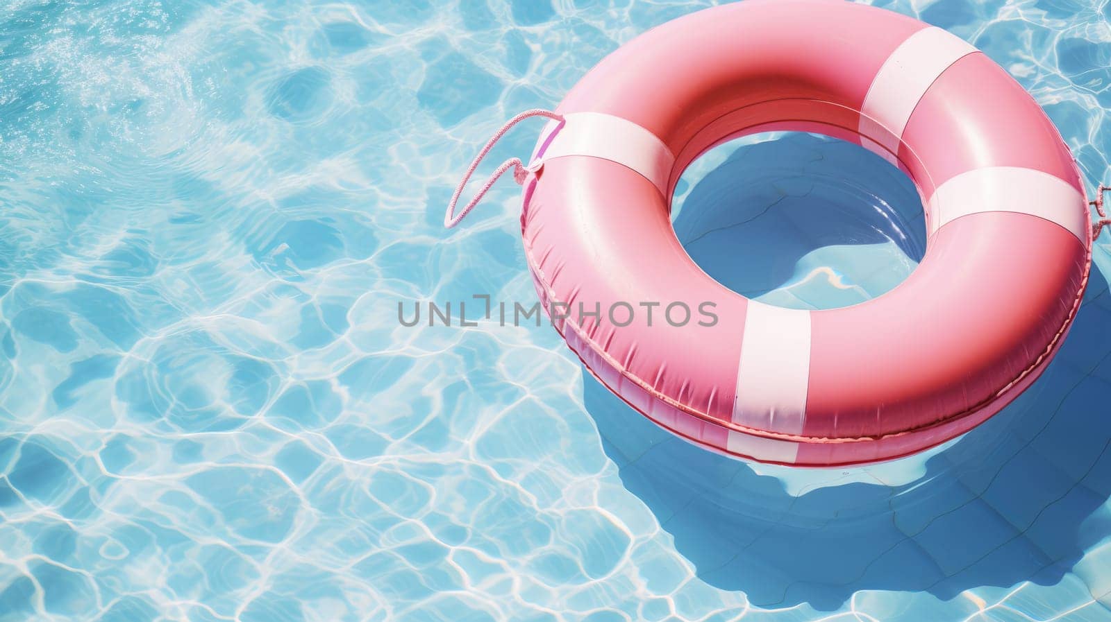 Pink lifebuoy on the water of the pool. View from above. Summer mood. AI
