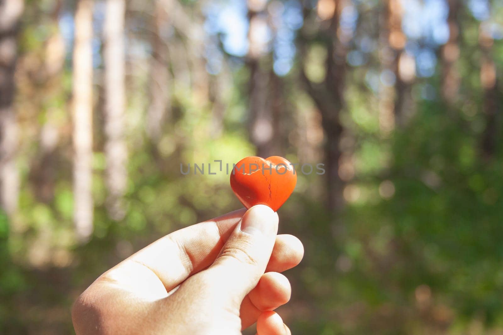 Little stone toy heart shape in man's hand on forest background. love for nature concept. creative symbol of nature loving