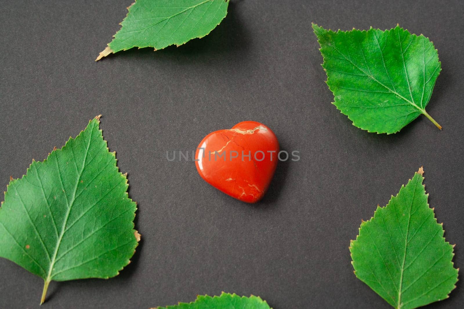 Red heart stone toy heart on a kraft black paper background. Heart shape in fresh birch tree leaves. Valentine in eco-friendly vegan style. Valentine's Day concept. I love nature. I love forest.