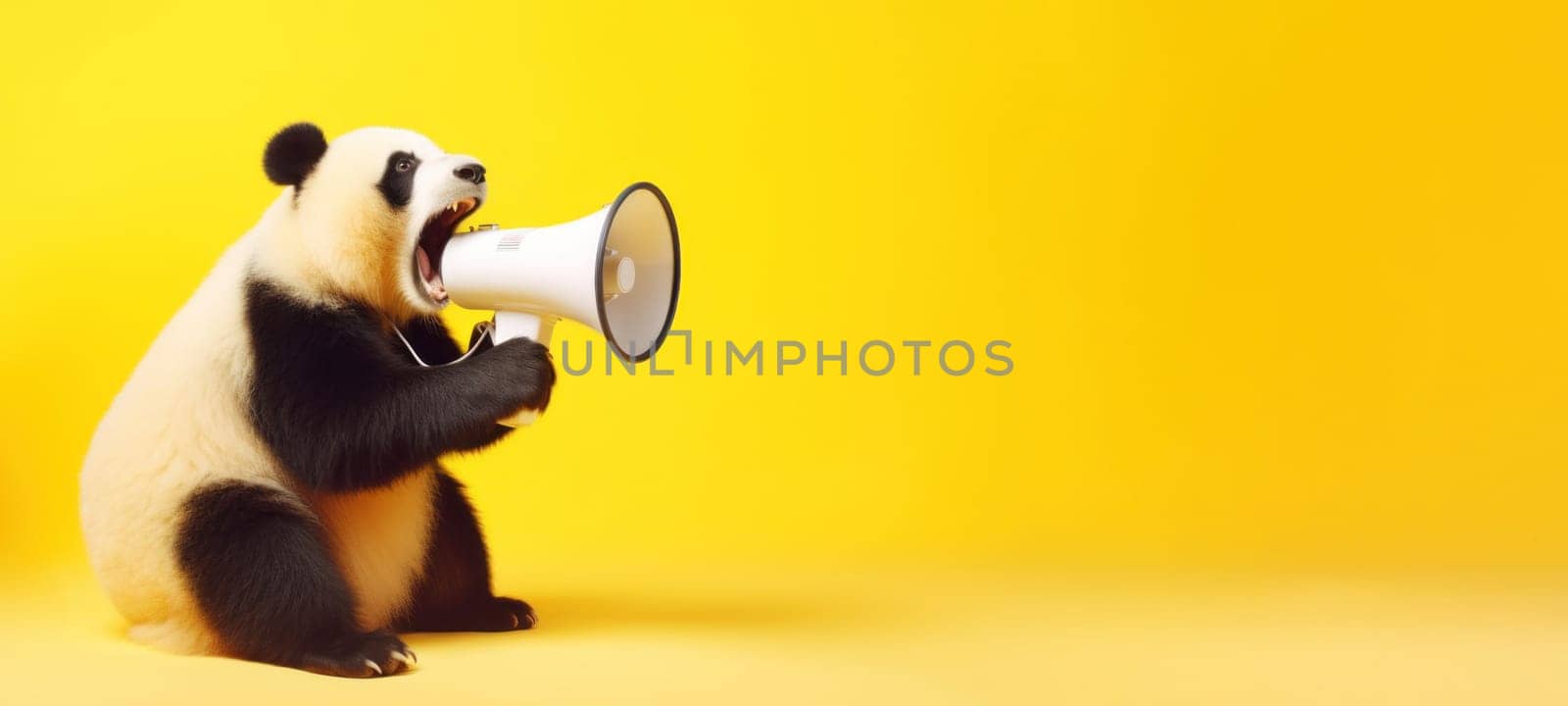 Panda with loudspeaker on yellow background.