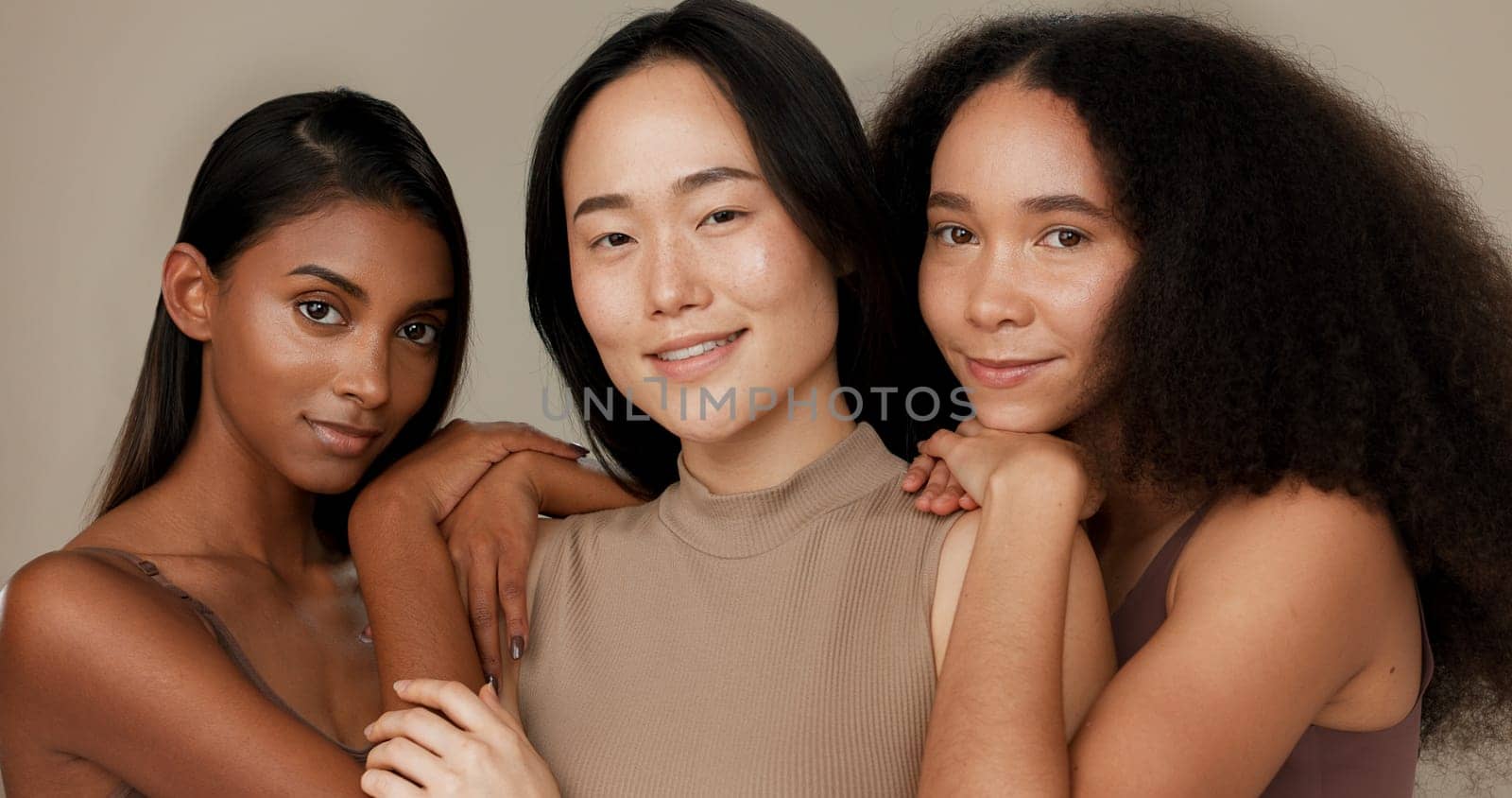 Diversity, beauty and women, face and skincare with wellness, dermatology and glow on studio background. Different skin, unique and inclusion with model group in a studio, cosmetics and portrait.