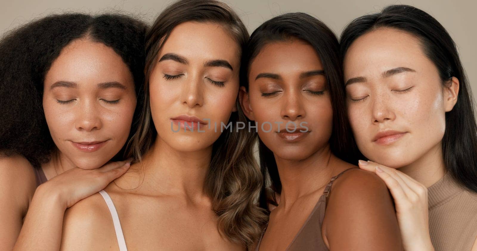 Women, natural beauty and face with diversity, skincare and wellness for inclusion in studio. Cosmetics, brown background and female group with dermatology, community and friends together for glow by YuriArcurs