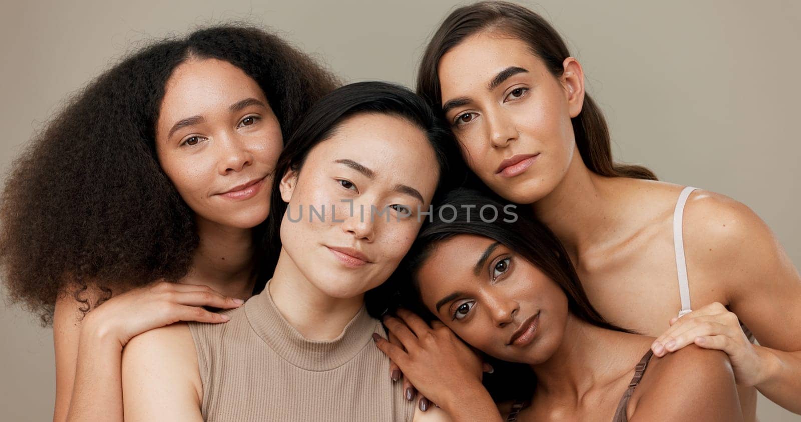 Diversity, beauty and women, portrait and cosmetics with wellness, dermatology and glow on studio background. Different skin, unique and inclusion with model group in a studio, skincare and face by YuriArcurs