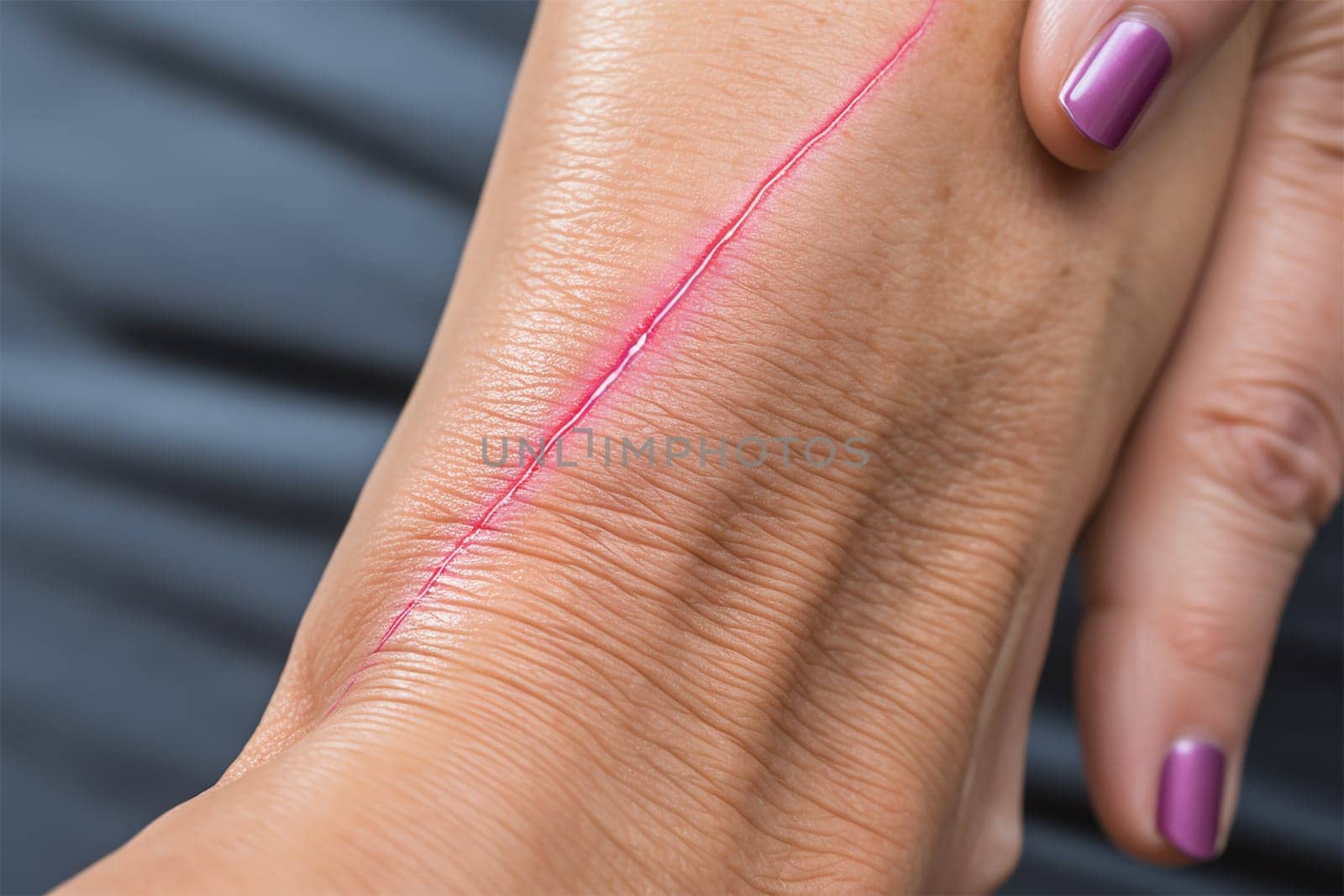 Female hand with healed wound on mature skin. Woman injured hand with knife or other sharp object. laser burn result. Domestic accident. High quality photo. High quality photo