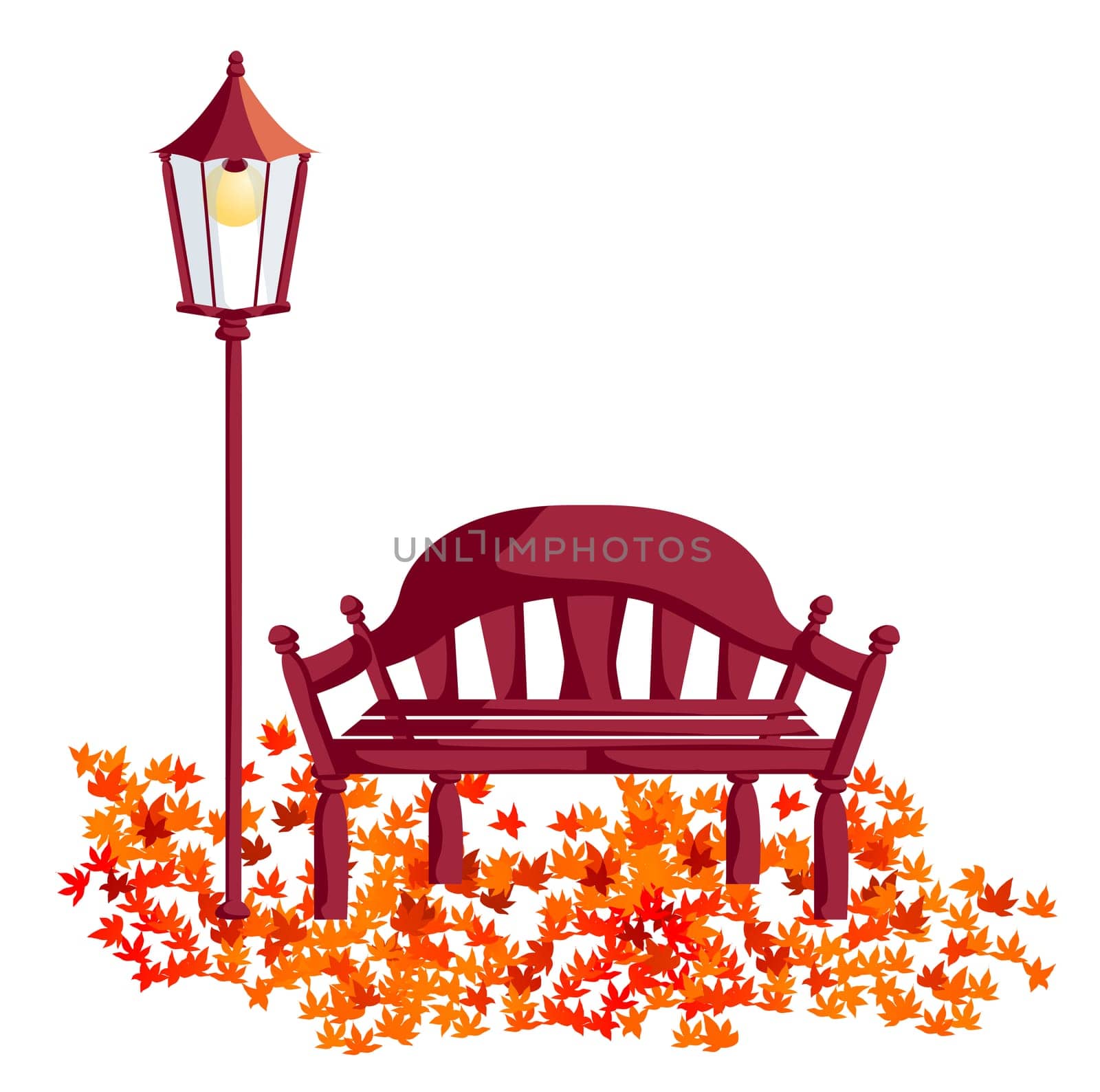 wood chair, street lights, maple leaves