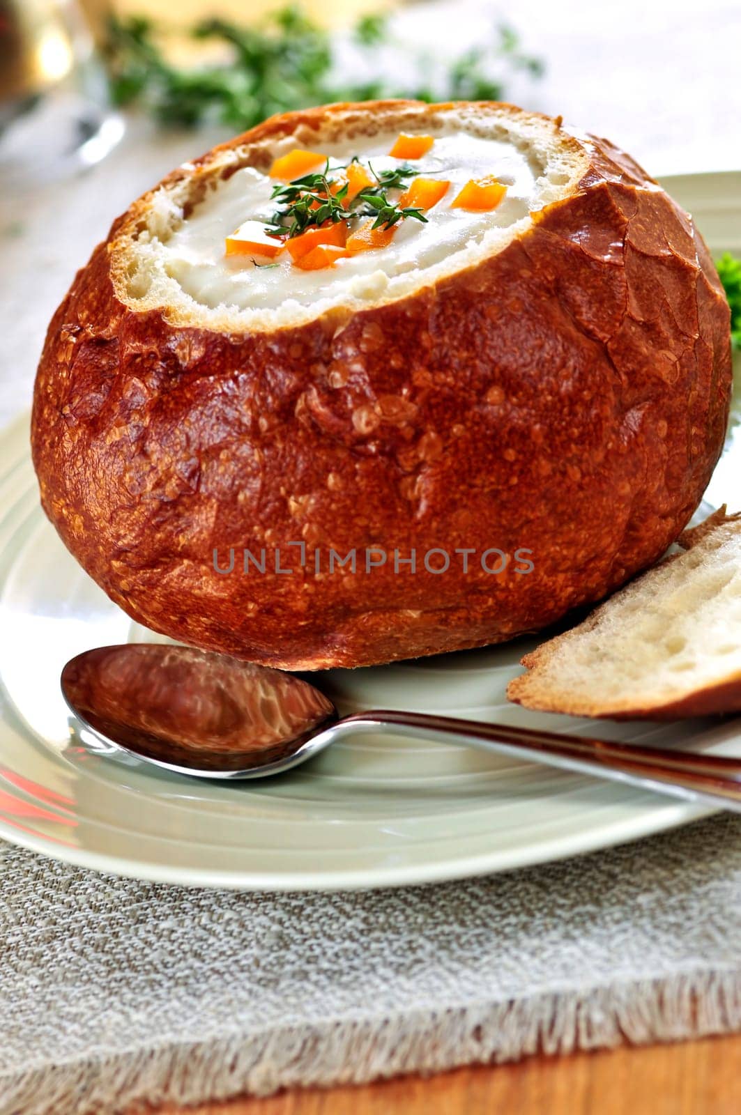 Soup in bread bowl