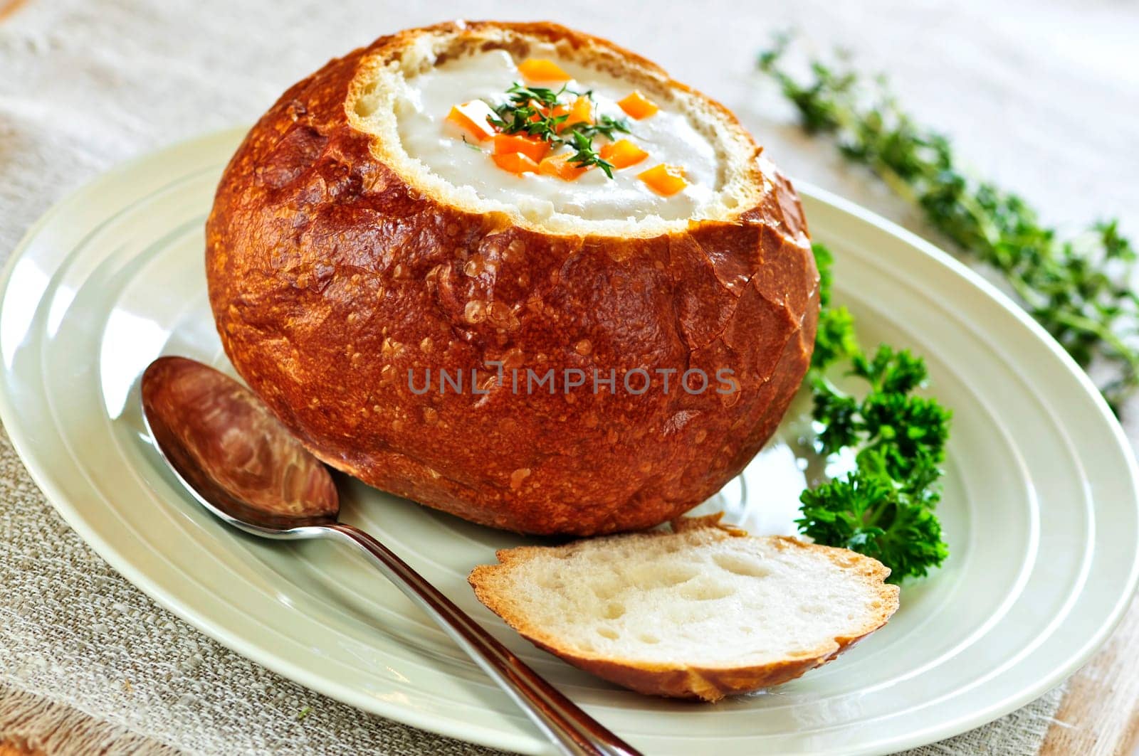 Soup in bread bowl