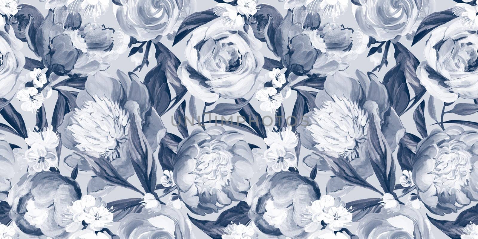 Seamless monochrome spring pattern drawn in gouache with pink peonies for trxtile
