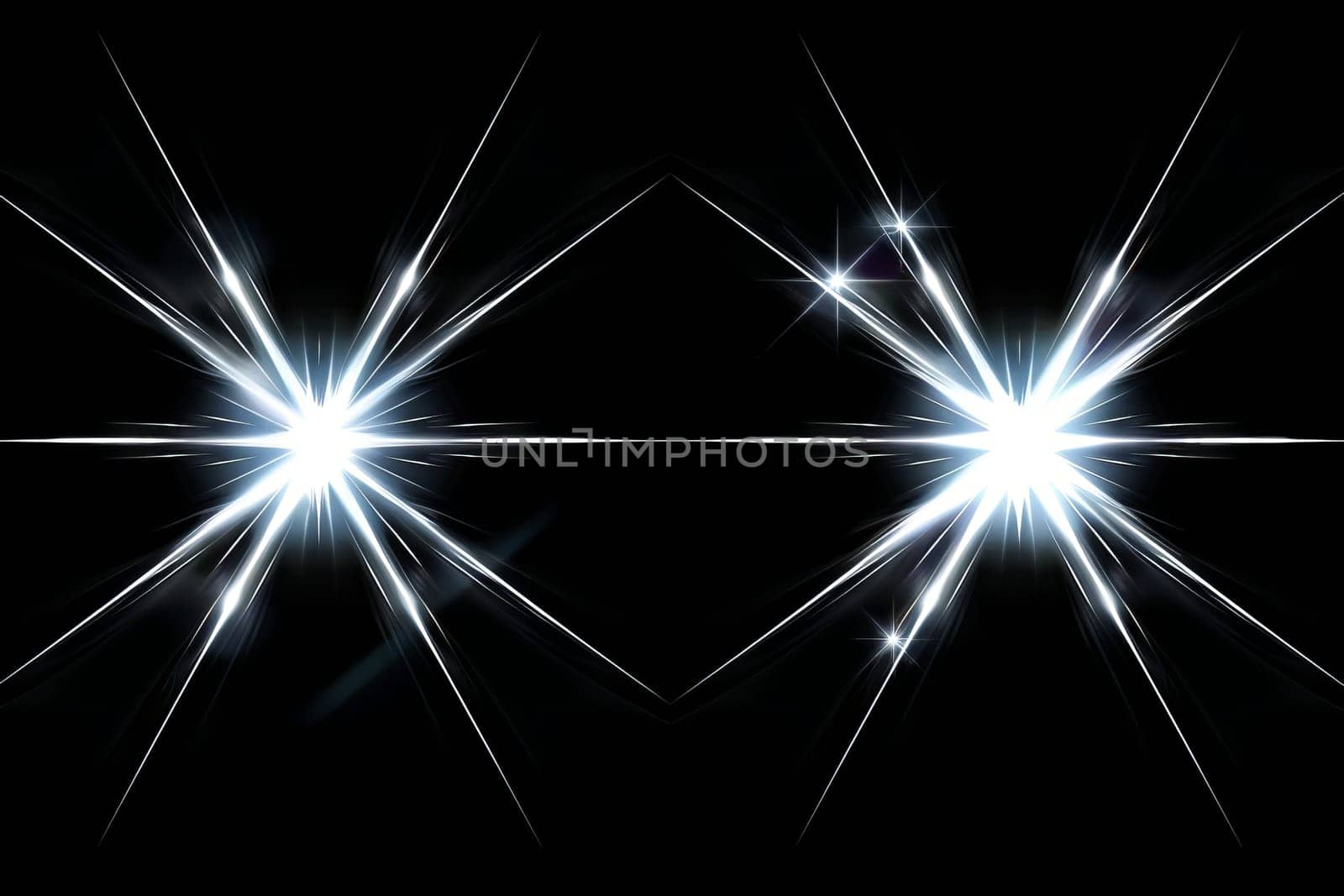 Bright starbursts on black background with radiating light beams.