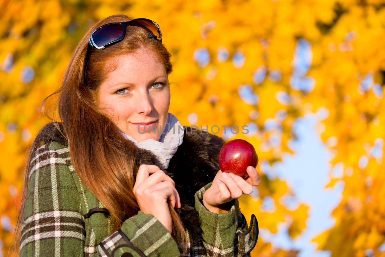 Autumn sunset park - red hair woman fashion
