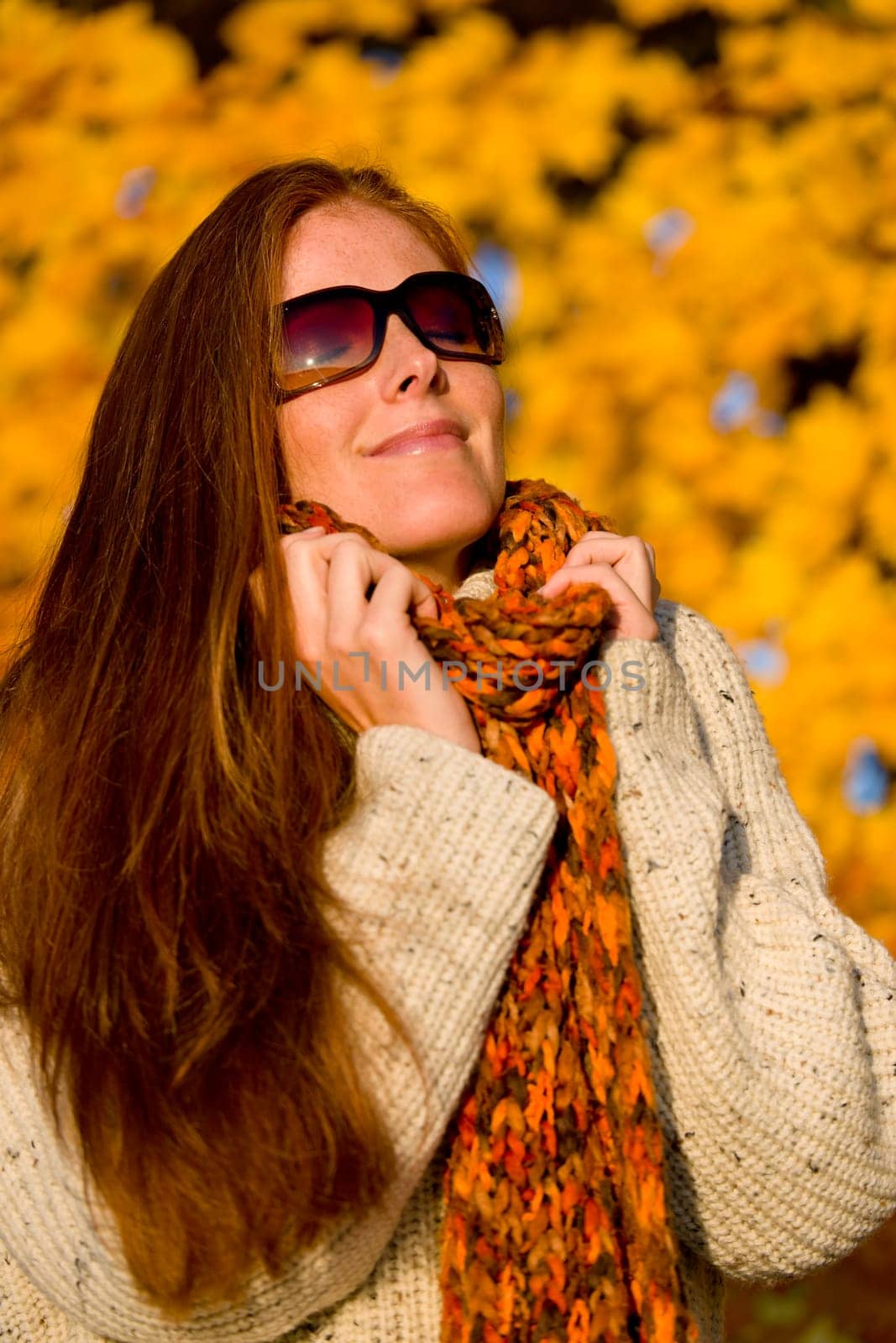 Autumn country sunset - red hair woman