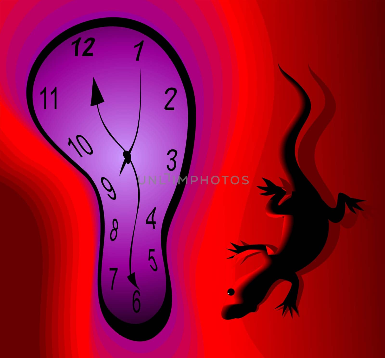 Digital painting of clock and lizard